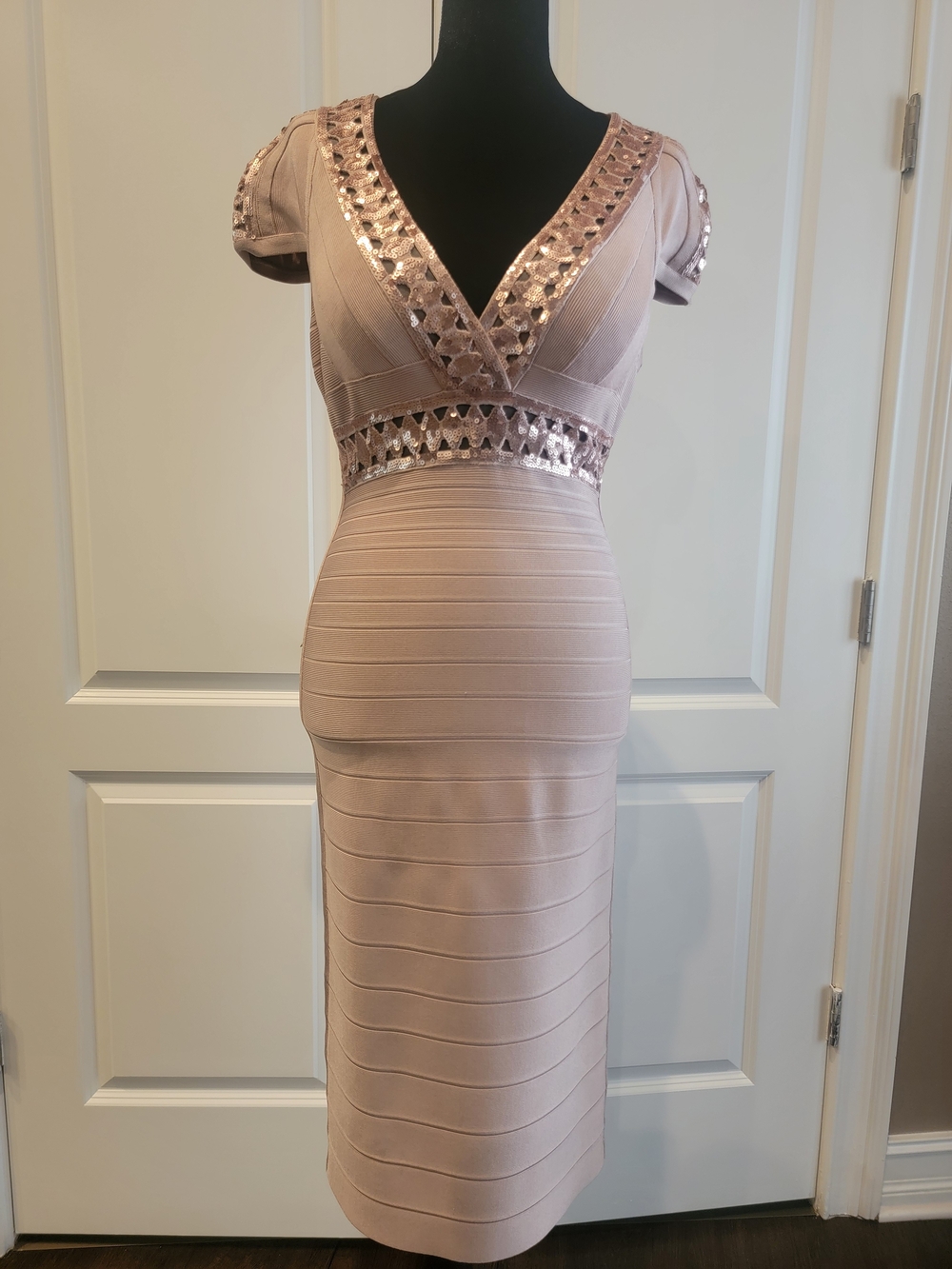 Herve Leger Blush Pink Sequin-Trim Midi Bandage Dress